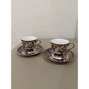 Set of 2 Imari Style Teacups & Saucers Made in Japan Cobalt Blue Gold